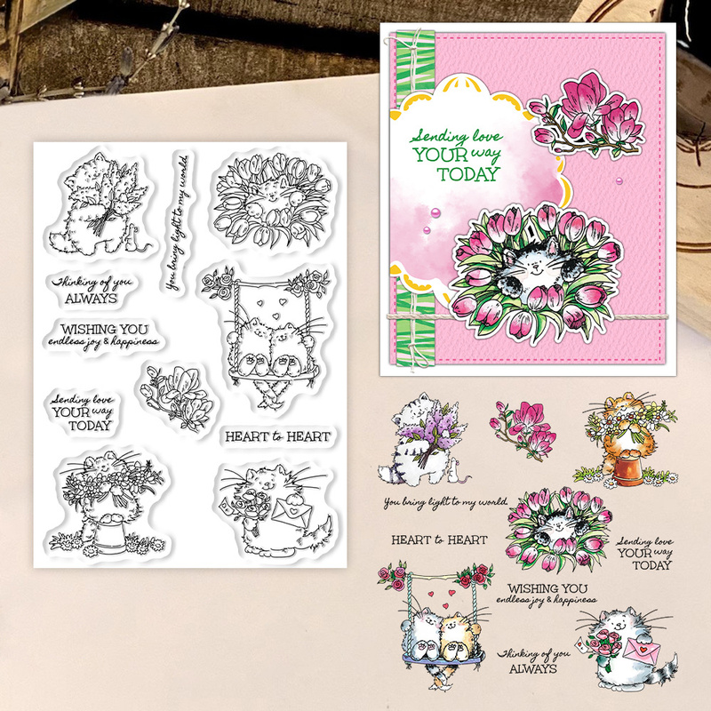 Clear Silicone Stamps For Card Making - Suncraft Niedliche Kätzchen und Blumen Transparenter