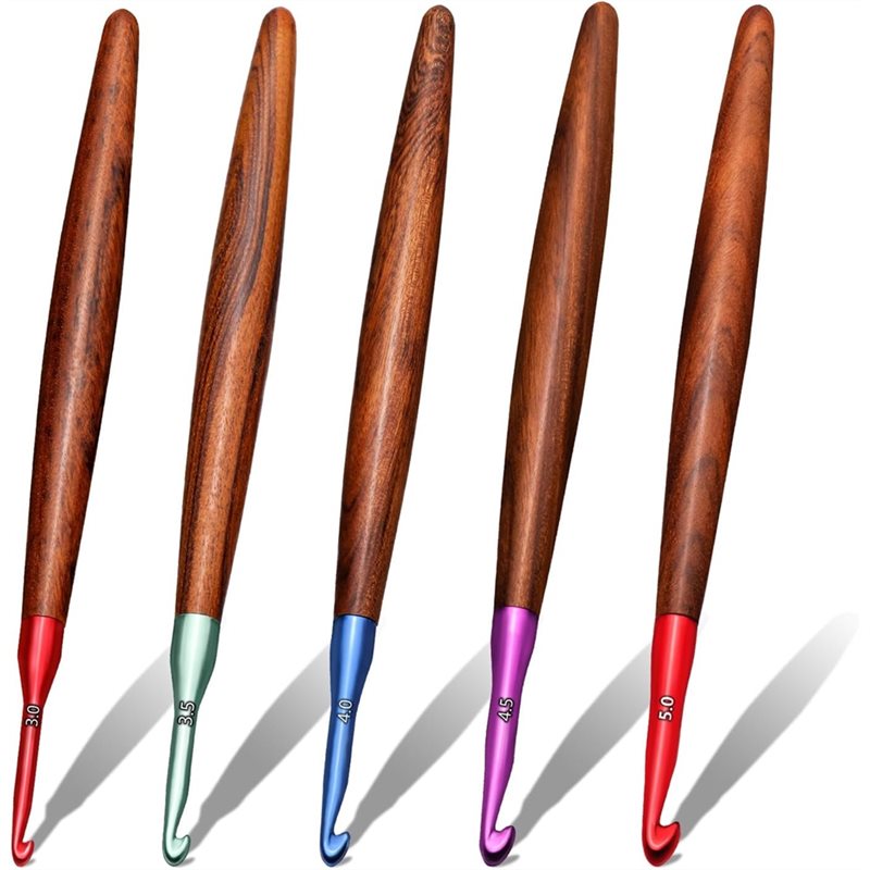 Wooden Crochet Hooks Ergonomic Handle - 【LETZTE CHANCE】Ergonomisches Häkelnadel-Set 5-teilig, 3mm-5mm Aluminium-Häkelnadeln